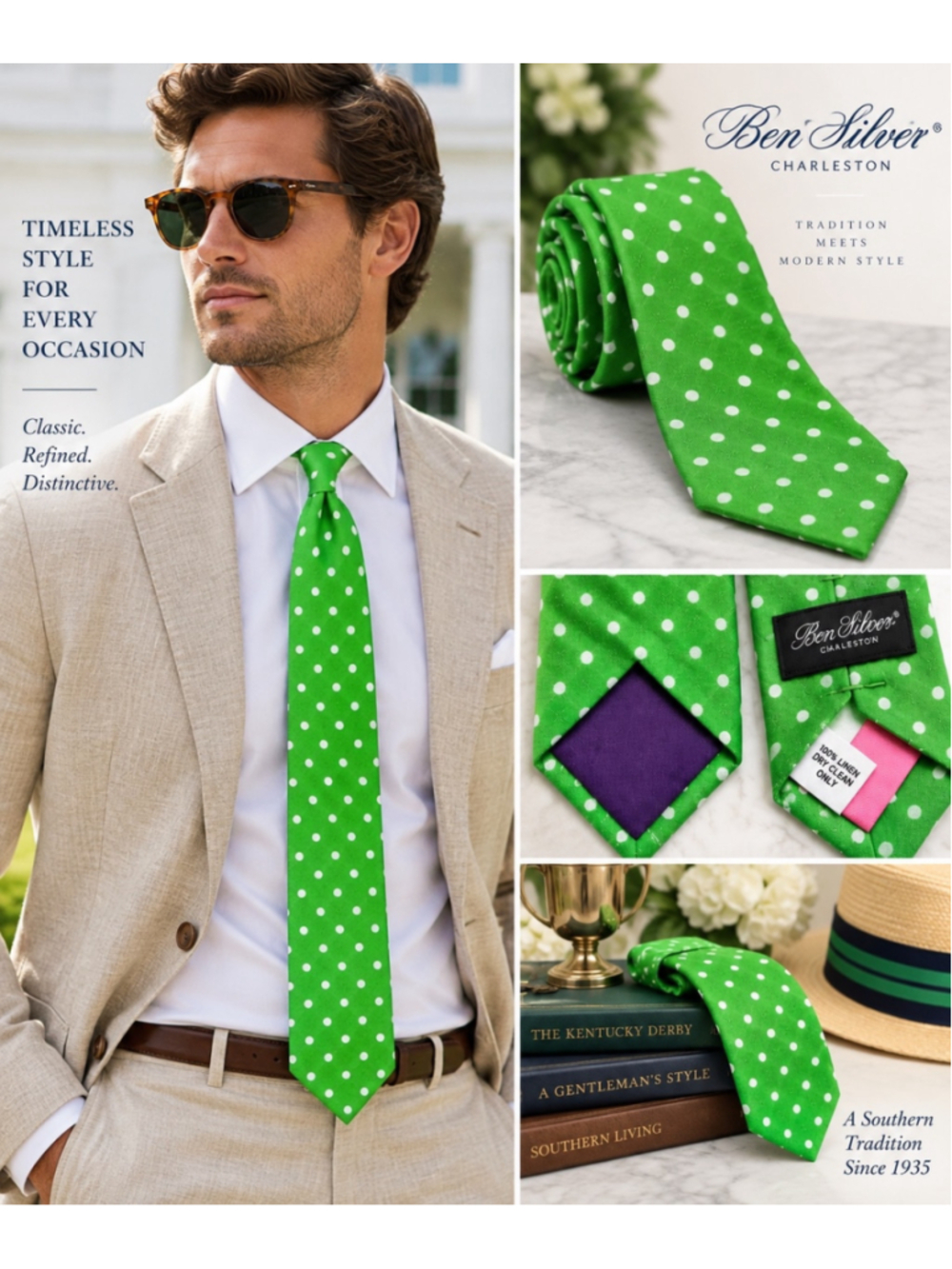 Ben Silver Charleston Green White Polka Dot 100% Linen Necktie Preppy
